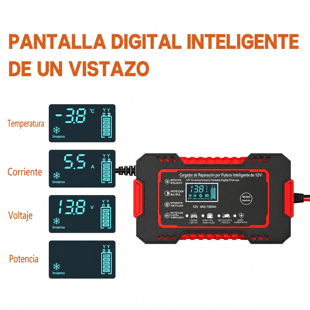 Cargador inteligente 12V 6A con reparación por impulsos y pantalla LCD para baterías de coche y moto