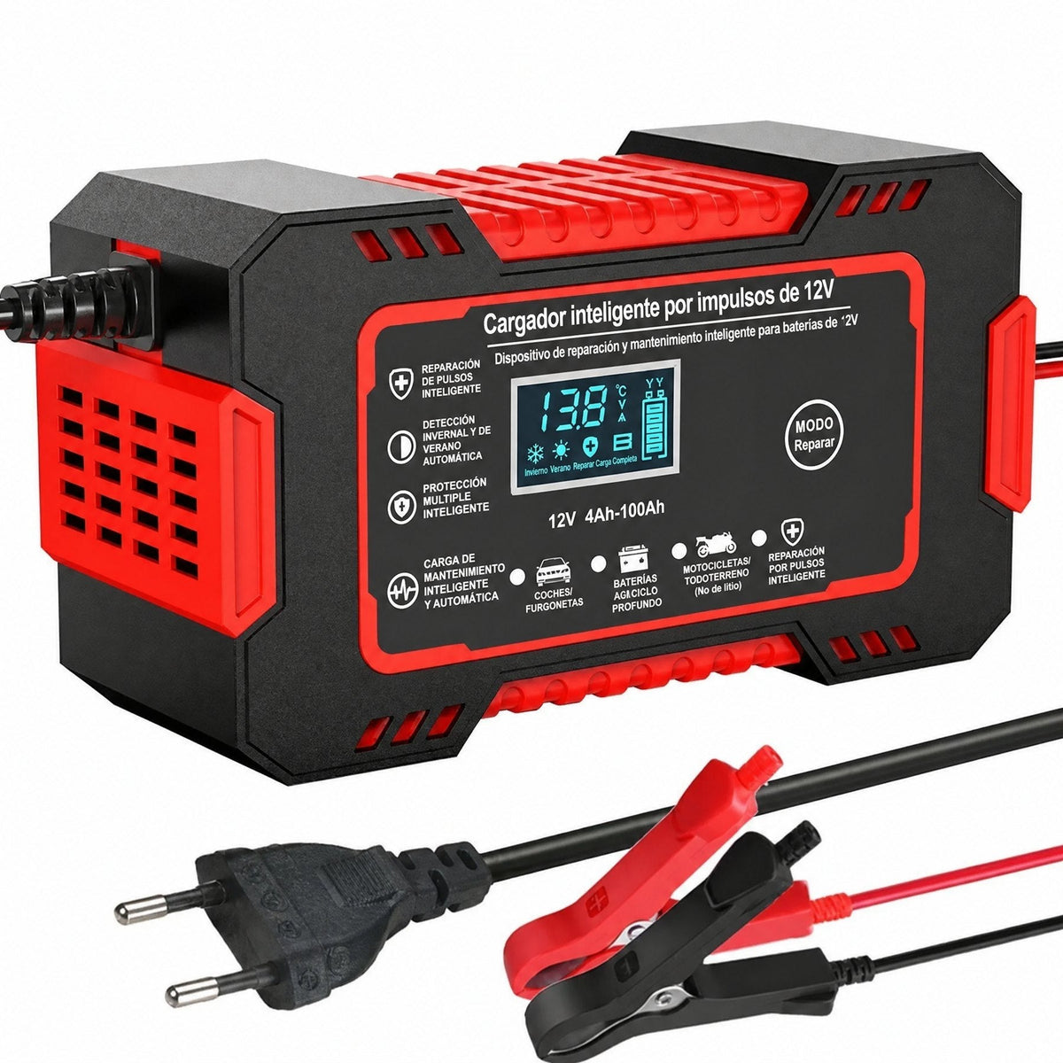Cargador inteligente 12V 6A con reparación por impulsos y pantalla LCD para baterías de coche y moto