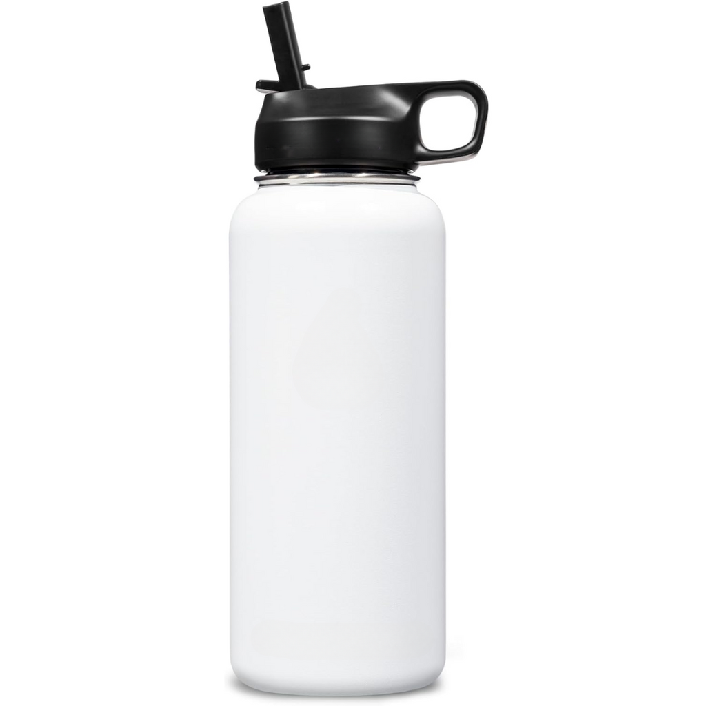 Botella de agua unisex de acero inoxidable con aislamiento térmico y pajita.
