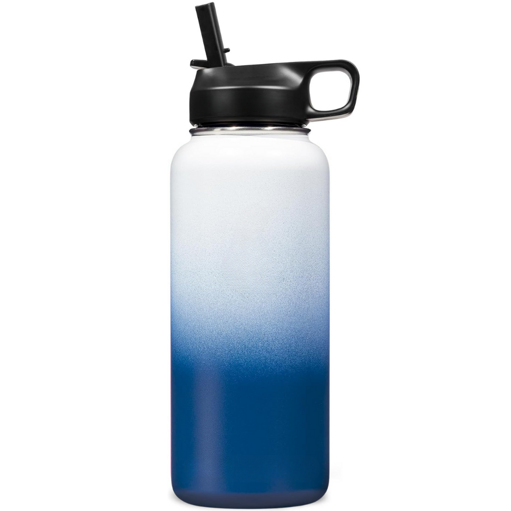 Botella de agua unisex de acero inoxidable con aislamiento térmico y pajita.