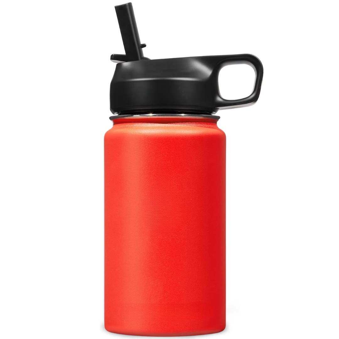 Botella de agua unisex de acero inoxidable con aislamiento térmico y pajita.