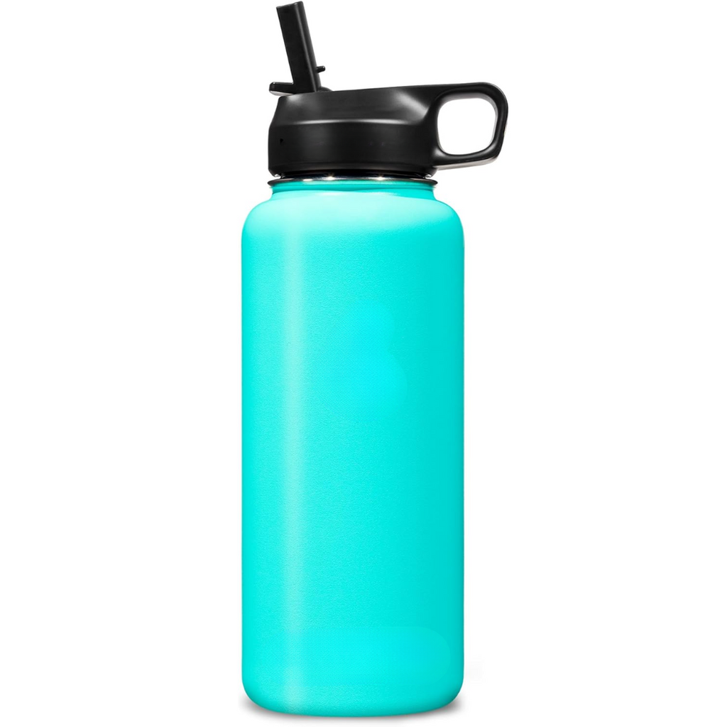 Botella de agua unisex de acero inoxidable con aislamiento térmico y pajita.