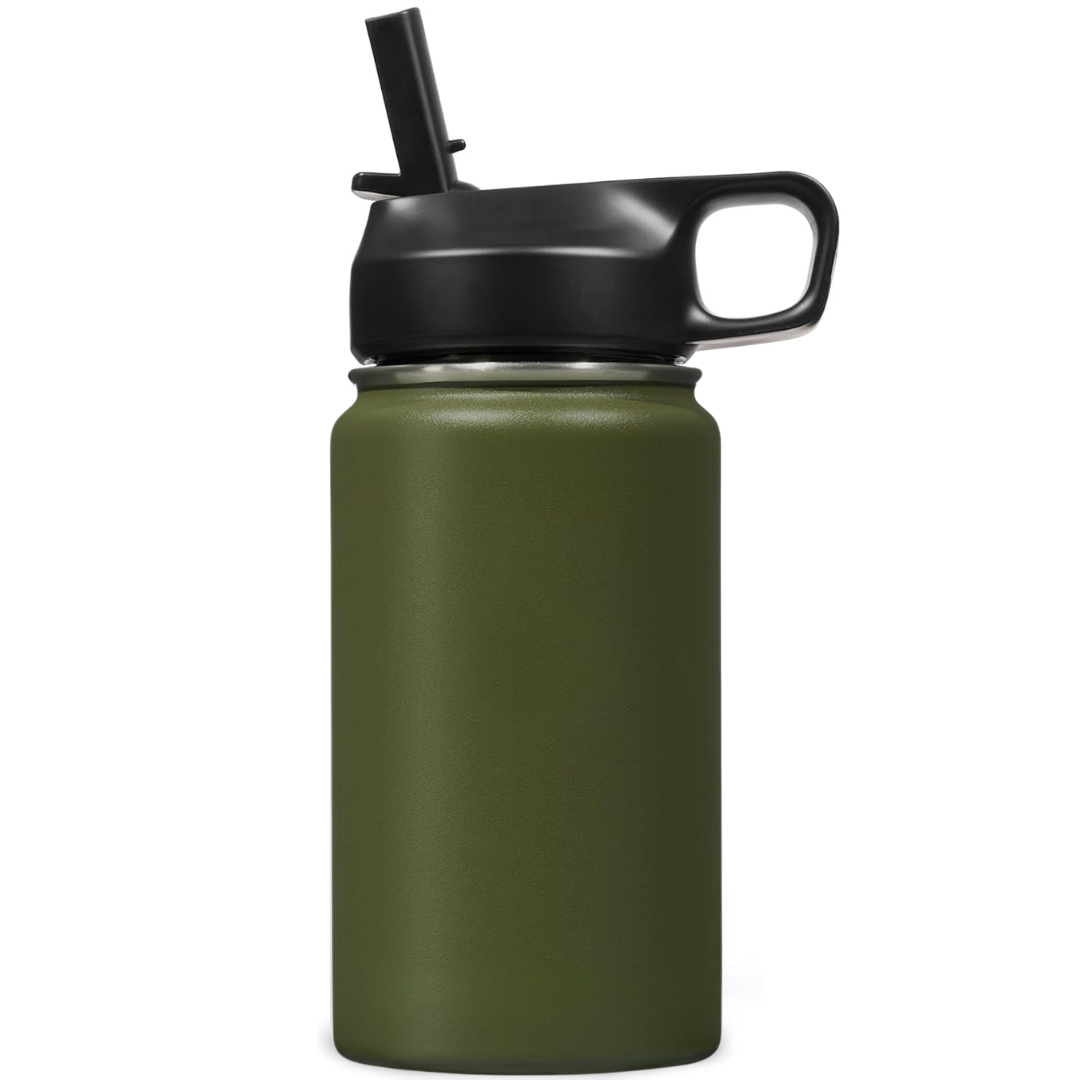 Botella de agua unisex de acero inoxidable con aislamiento térmico y pajita.