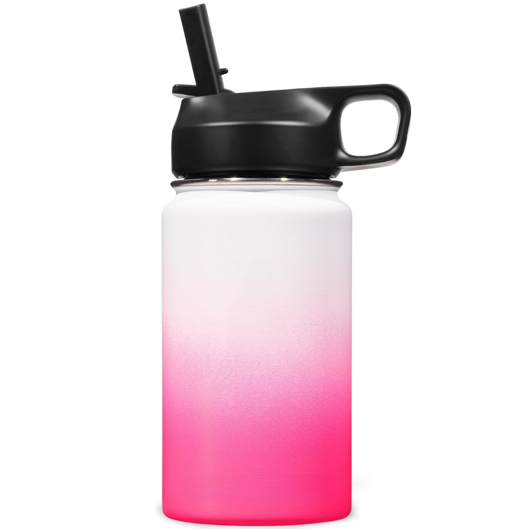 Botella de agua unisex de acero inoxidable con aislamiento térmico y pajita.