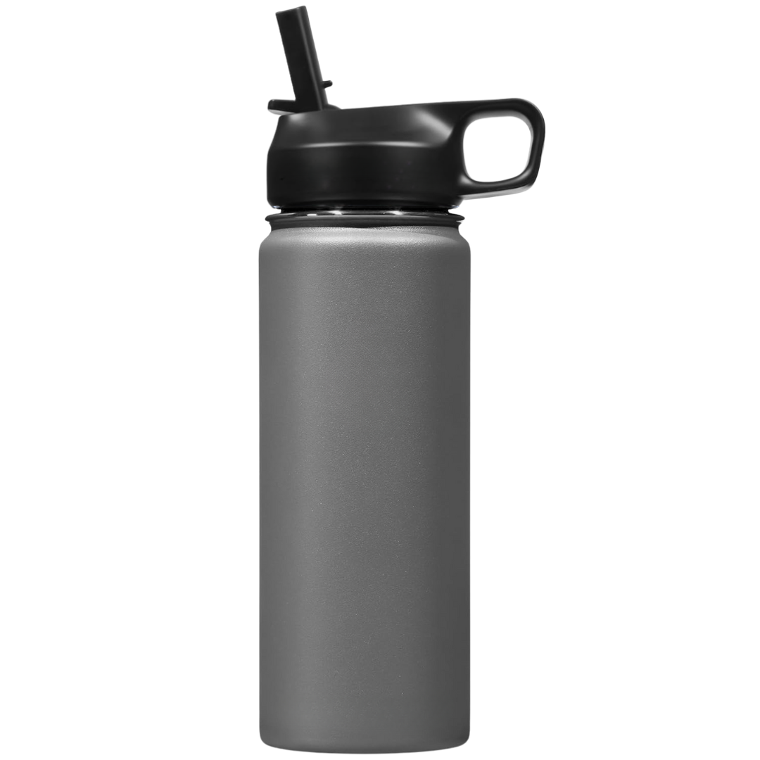 Botella de agua unisex de acero inoxidable con aislamiento térmico y pajita.