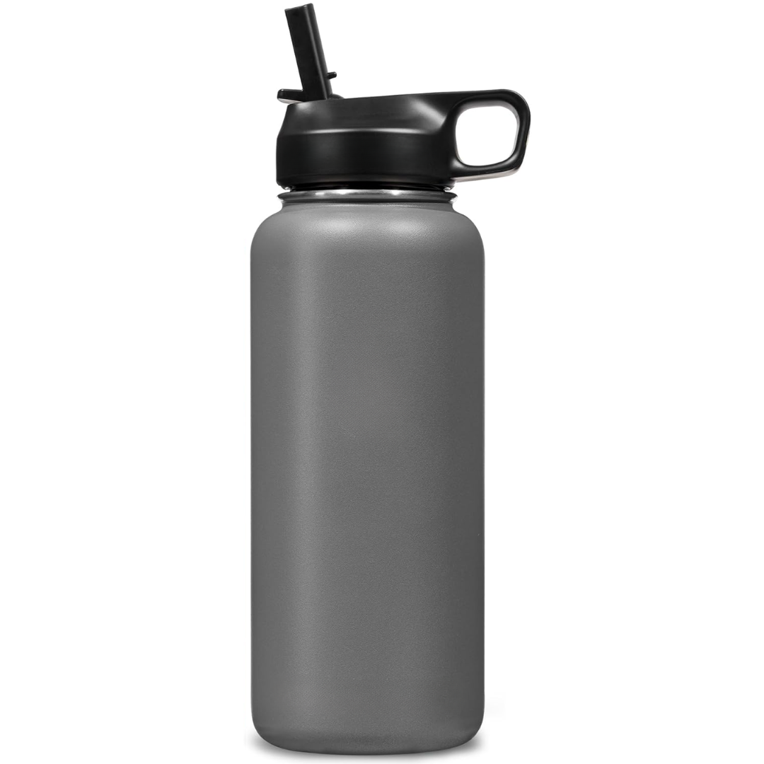 Botella de agua unisex de acero inoxidable con aislamiento térmico y pajita.