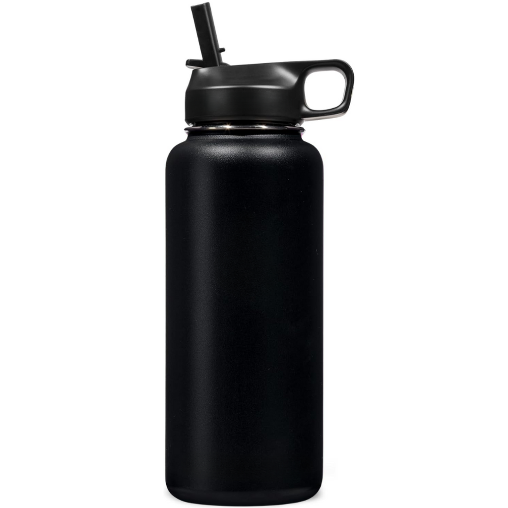 Botella de agua unisex de acero inoxidable con aislamiento térmico y pajita.