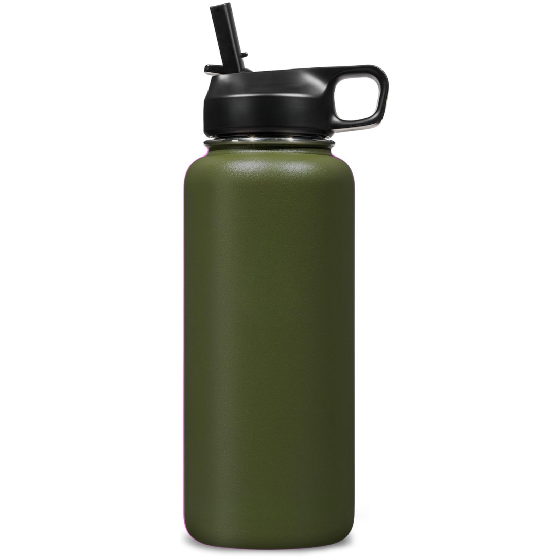 Botella de agua unisex de acero inoxidable con aislamiento térmico y pajita.