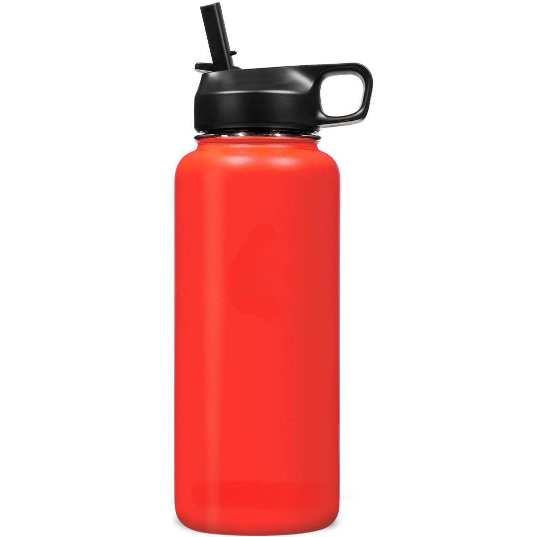Botella de agua unisex de acero inoxidable con aislamiento térmico y pajita.