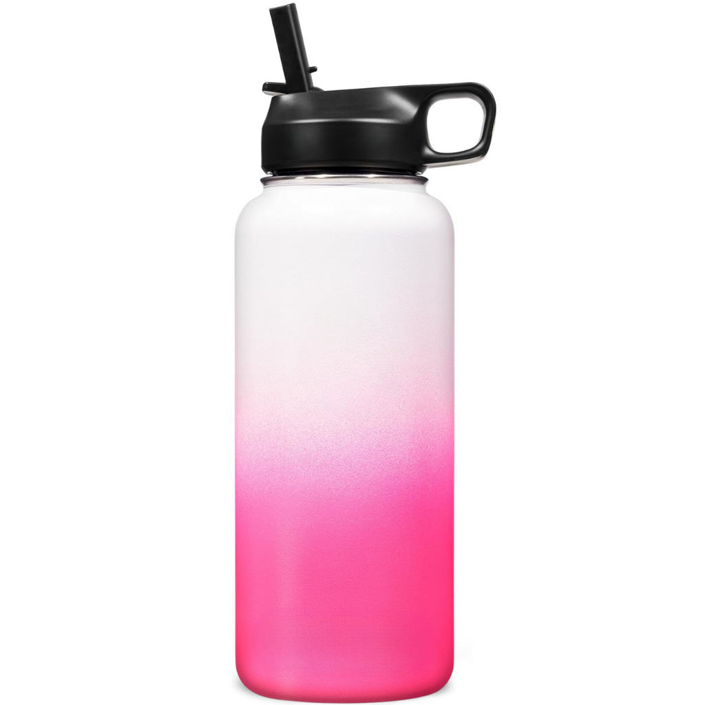 Botella de agua unisex de acero inoxidable con aislamiento térmico y pajita.