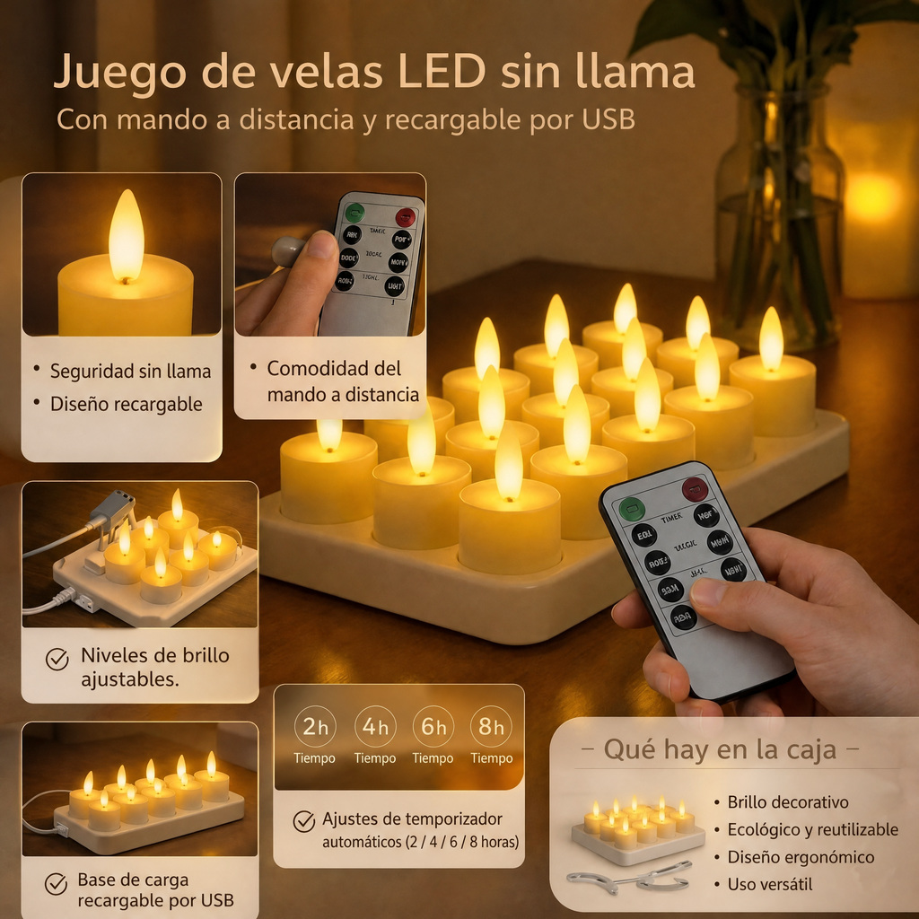 Velas LED sin llama Set Temporizador con mando a distancia Recargables por USB