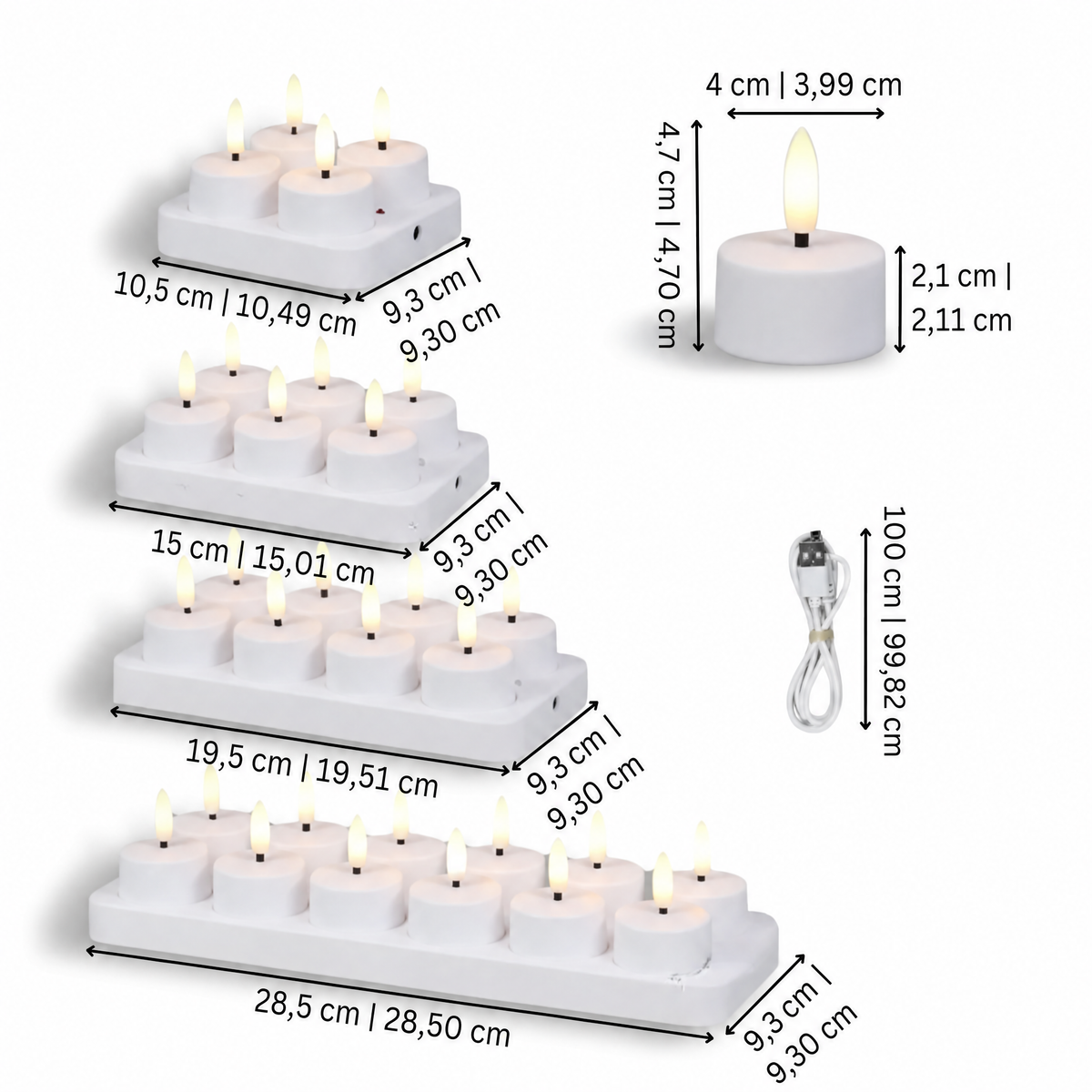 Velas LED sin llama Set Temporizador con mando a distancia Recargables por USB