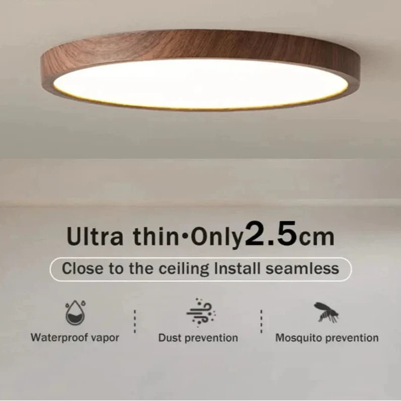 Lámpara de techo LED | Diseño ultrafino con vetas de madera, a prueba de polvo y regulable para interiores modernos