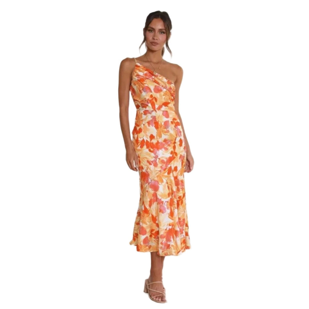 Vestido midi de invitada de boda con estampado floral y un solo hombro para mujer