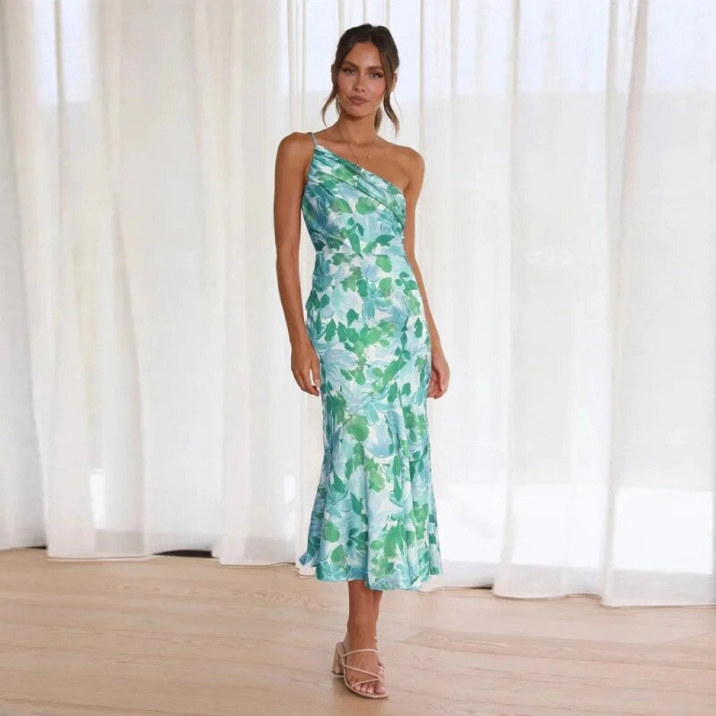Vestido midi de invitada de boda con estampado floral y un solo hombro para mujer