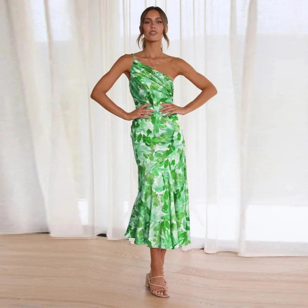 Vestido midi de invitada de boda con estampado floral y un solo hombro para mujer