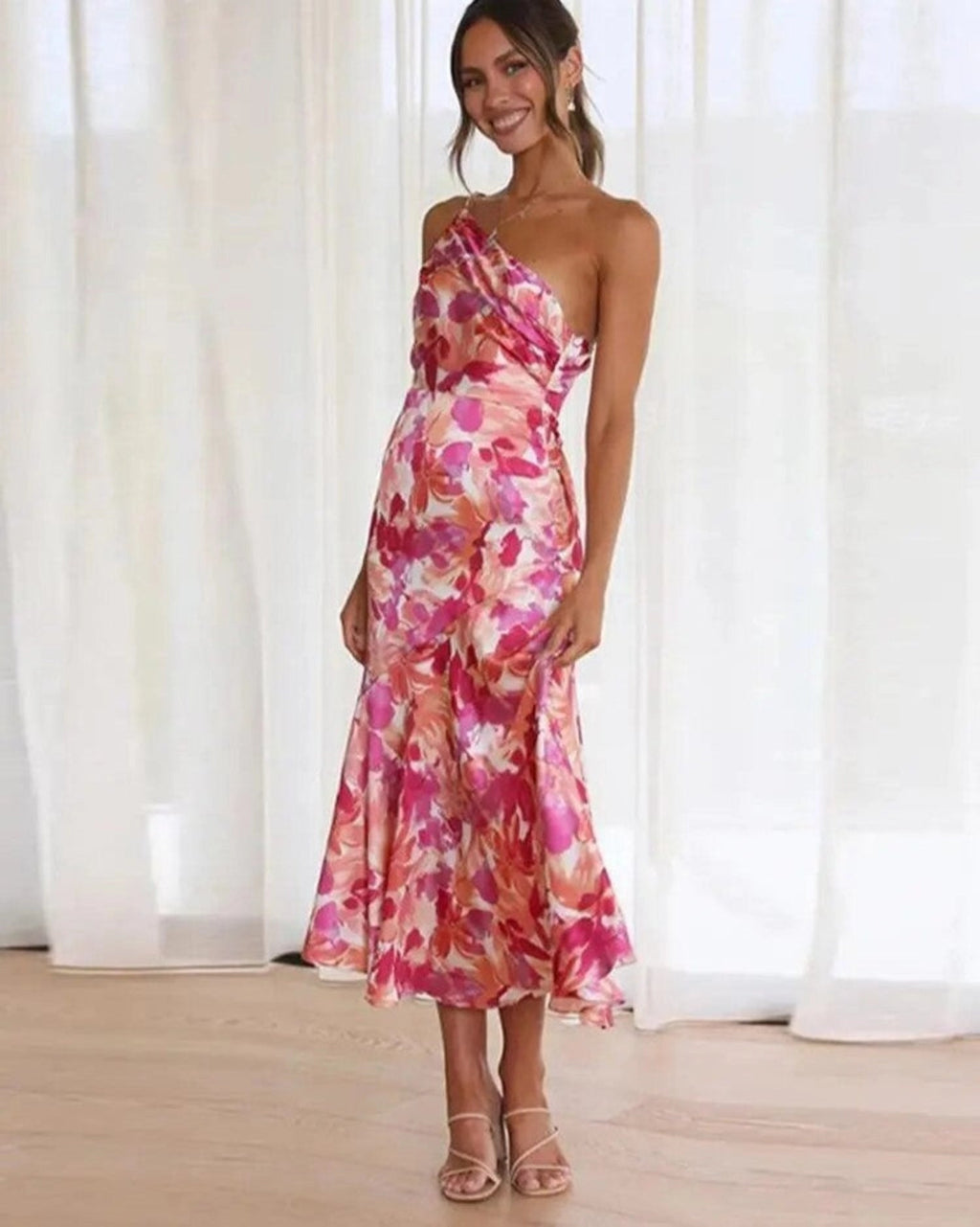 Vestido midi de invitada de boda con estampado floral y un solo hombro para mujer