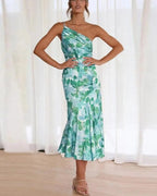 Vestido midi de invitada de boda con estampado floral y un solo hombro para mujer