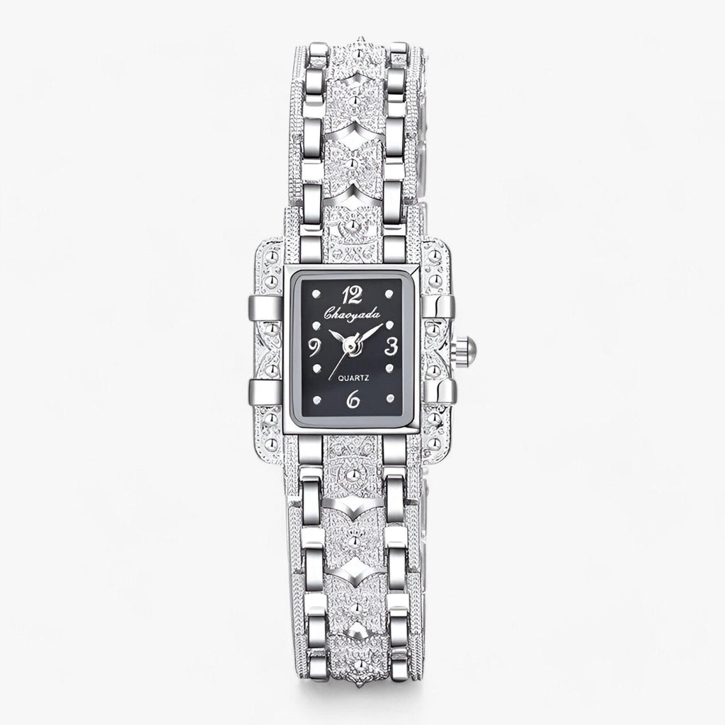 Reloj de mujer elegante con esfera rectangular y detalles de cristal