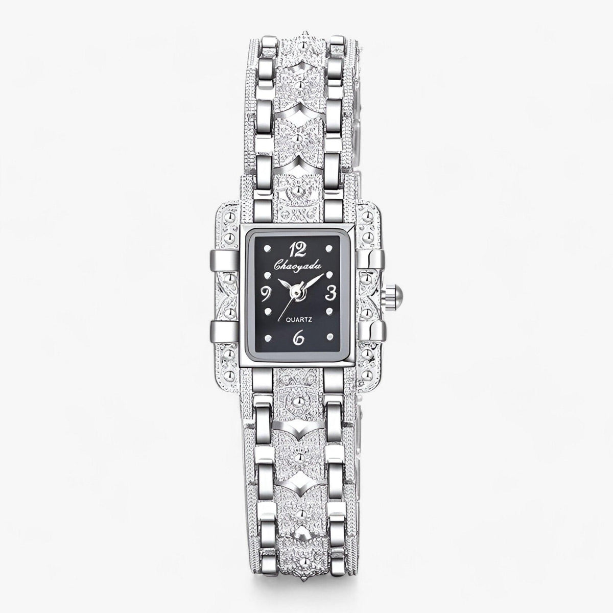 Reloj de mujer elegante con esfera rectangular y detalles de cristal