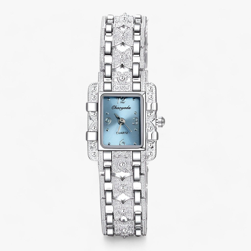 Reloj de mujer elegante con esfera rectangular y detalles de cristal