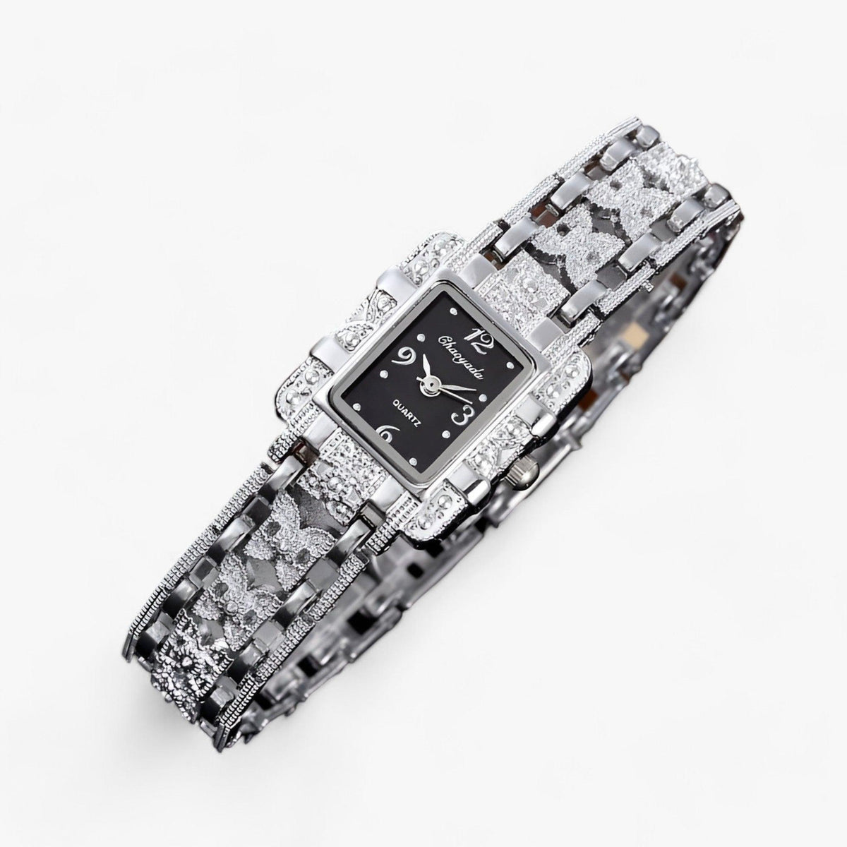 Reloj de mujer elegante con esfera rectangular y detalles de cristal